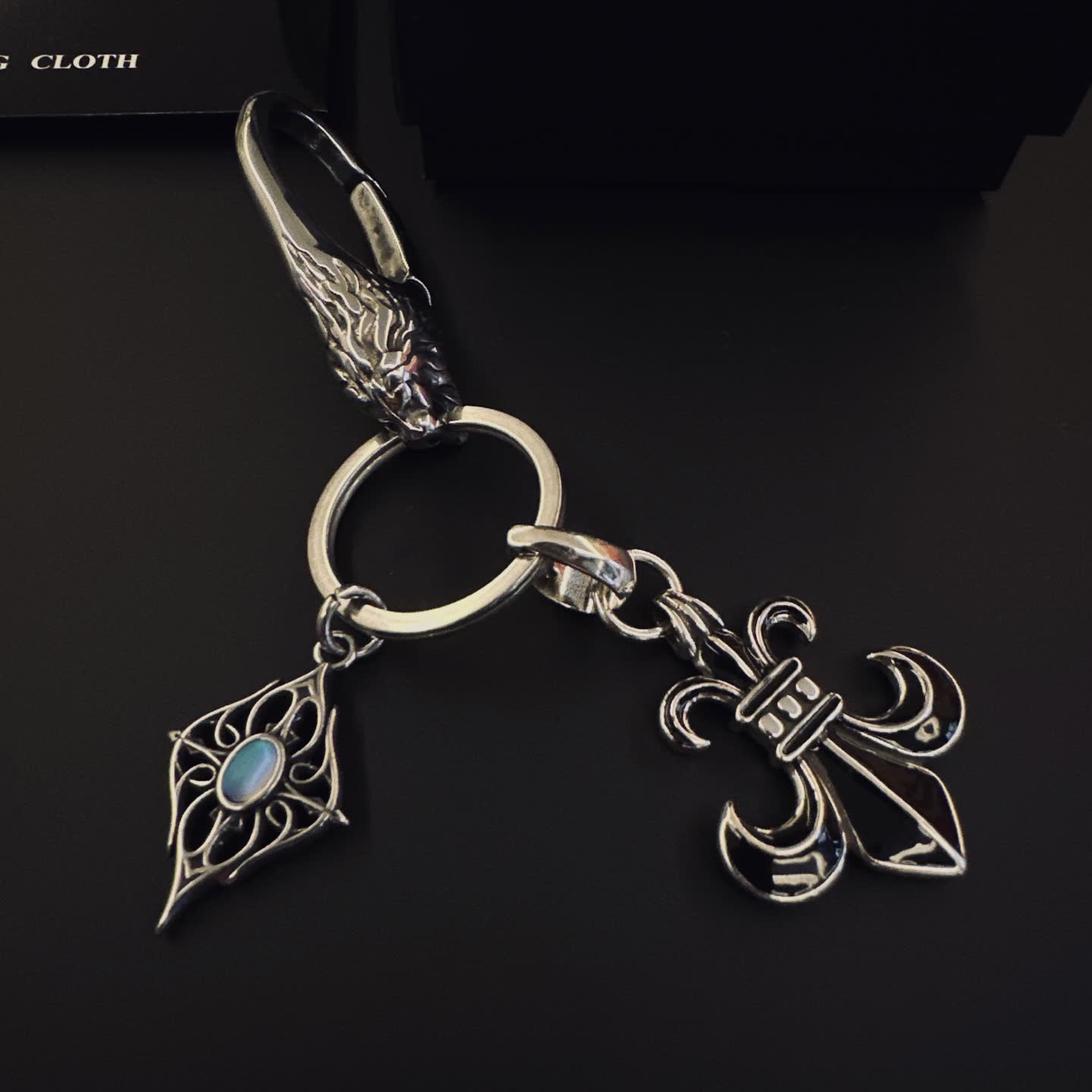 Chrome Hearts Silver Keychain with Fleur-de-lis and Gemstone